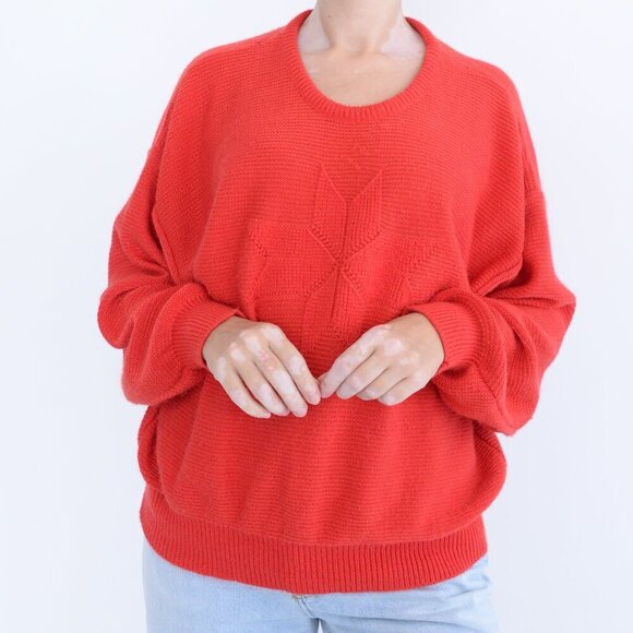 Vintage Amy Su Kung Red Fine Knit Crewneck w Red Snowflake Design Sweater L - Picture 2 of 10